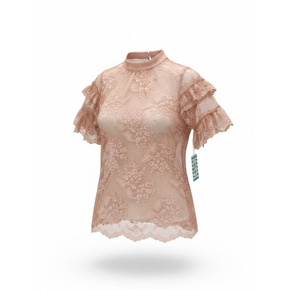 Tulip B Tops - Tulip B Peach Floral Lace Mock Neck Ruffle Sleeve Top JT2201F7